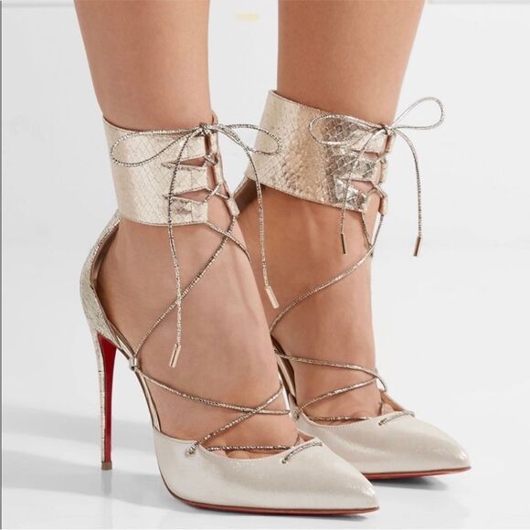 Christian Louboutin Cord Ankle  100mm Gold Lace-Up Heels Size 7.5 - Picture 1 of 15